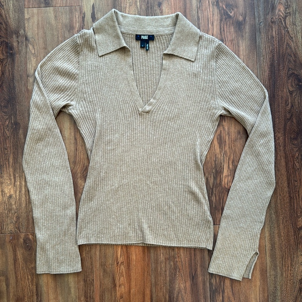 PAIGE Ribbed Knit Long Sleeve Polo Top in Beige